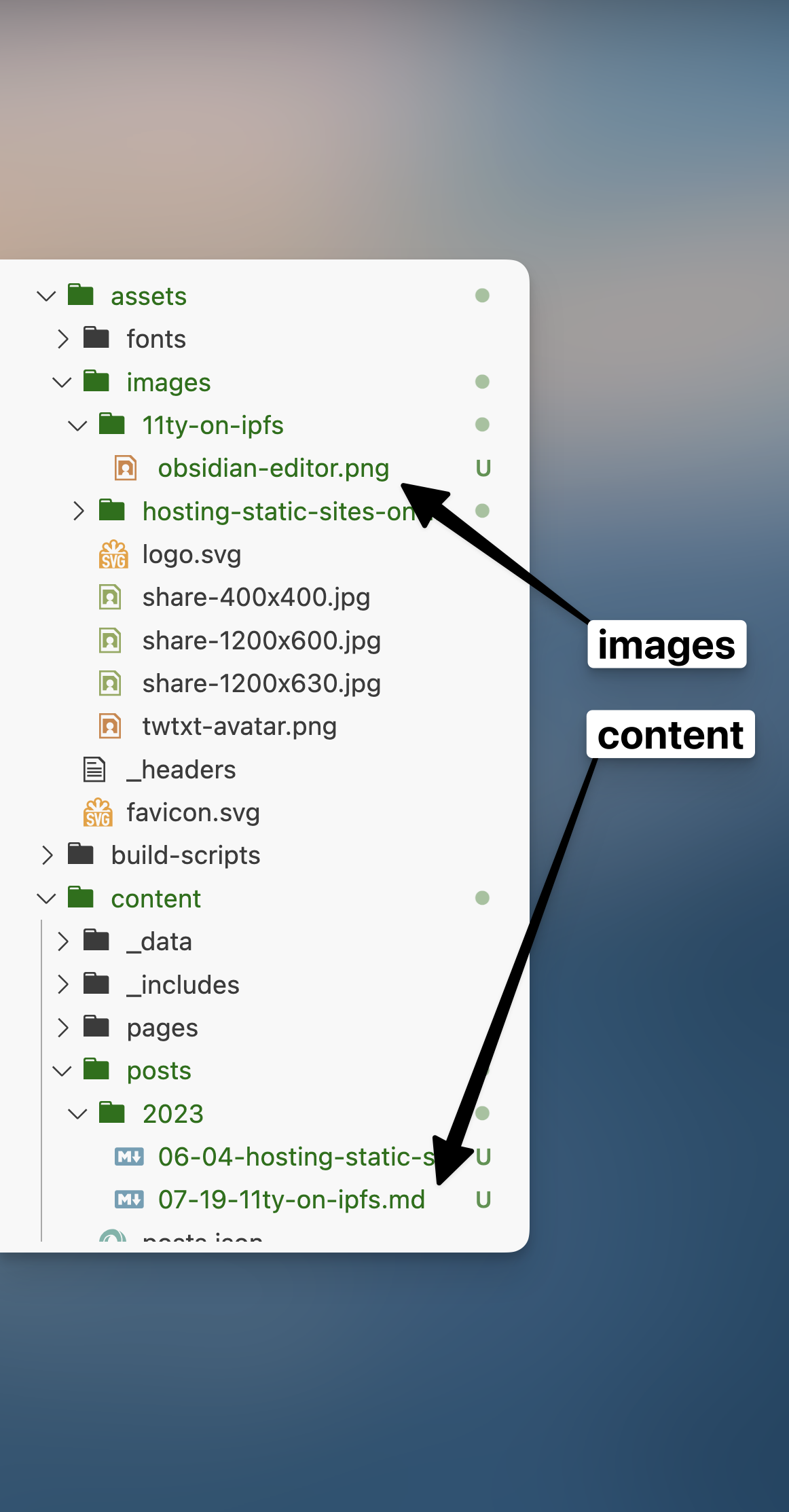 vscode showing the file structure of the blog