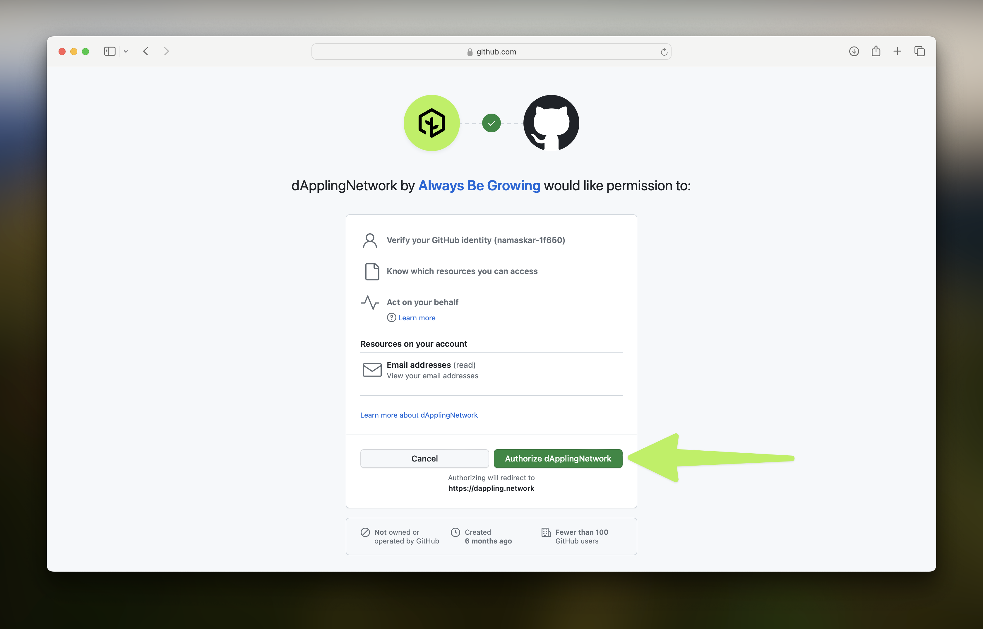 GitHub pops up, asking the user to authorize dAppling's app.